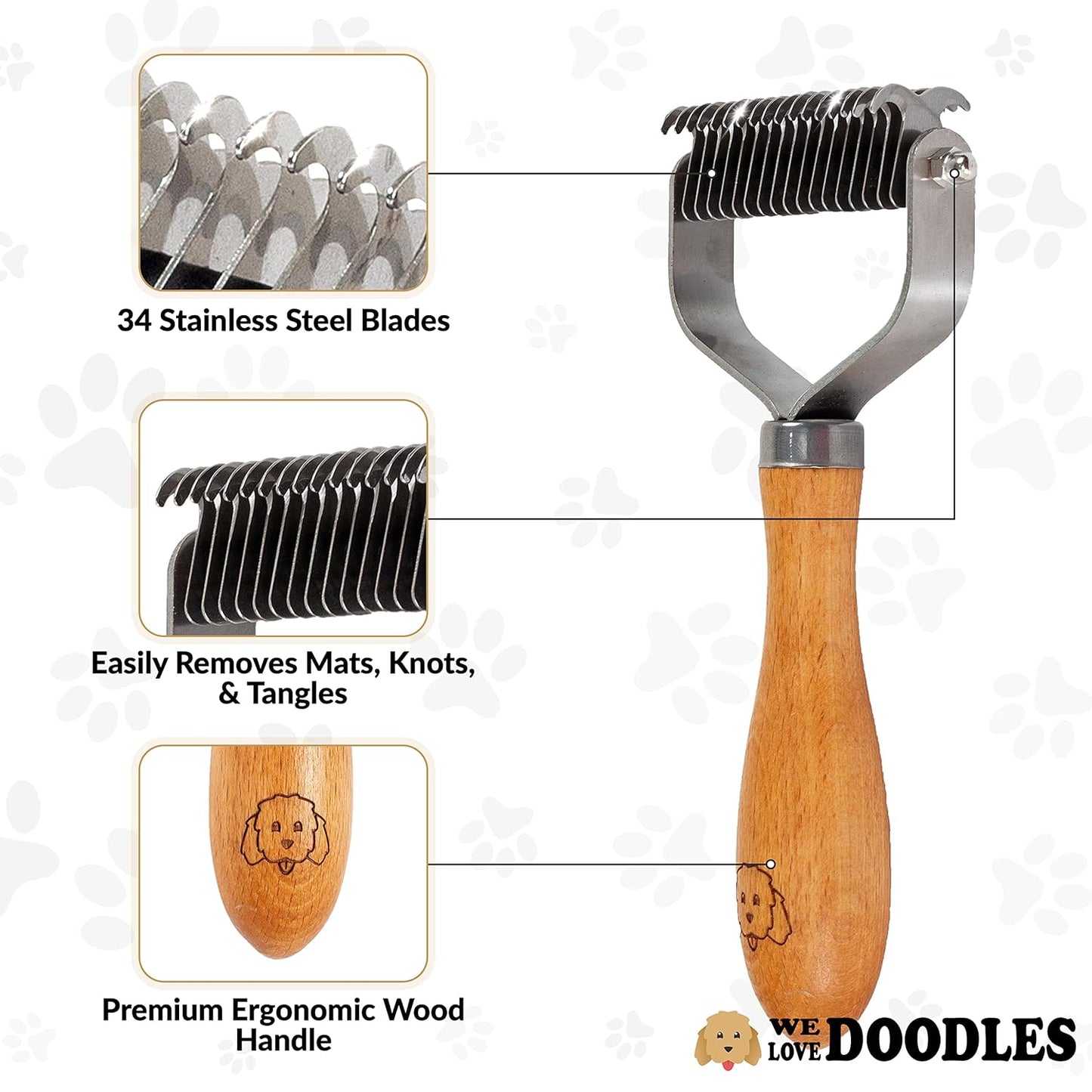 Dog Dematting Brush & Rake, Detangler Brush for Dogs, Comb Tool for Grooming, Best for Doodles, Poodles, Goldendoodles, Cats & Other Pets, Matted Fur Removal On Undercoat [We Love Doodles]