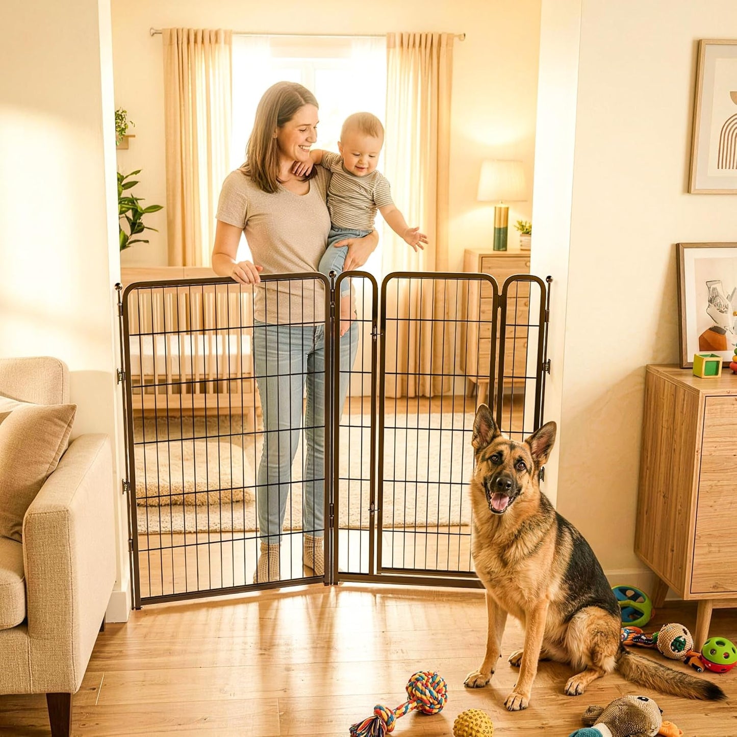 FXW Dog Gate Extra Wide Designed for Indoor Use, Adjustable Width Up to 183-inch Wide (24" H 8 Wire Panels for Puppies and Small Dogs), Black
