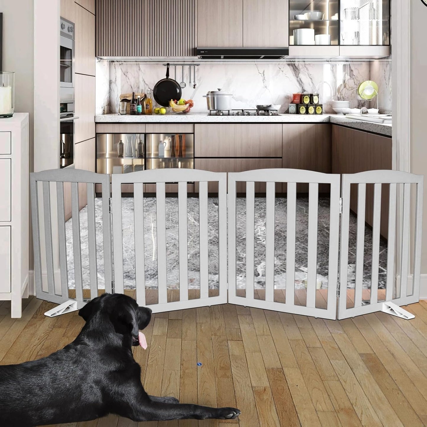 Freestanding Dog Gate Indoor,Doggie Gate Foldable Dog Gates for Doorways,Stairs or Hallways, Wooden White Pet Gate for the House, Pet Fence with Support Feet Included,24 "Height-4 Panels