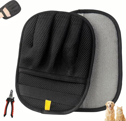 Pet Hair Removal Glove WithNailClipper for Dogs & Cats, 5-Finger Design Reusable Electrostatic Pet Hair Remover Tool for Clothing, Couch, Carpet, Car Seat