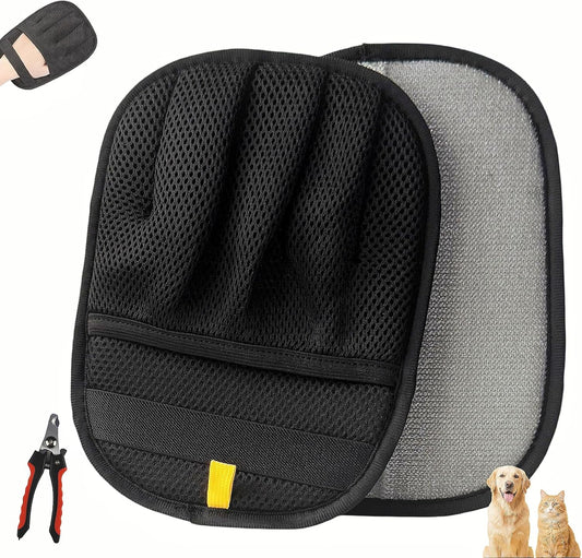 Pet Hair Removal Glove WithNailClipper for Dogs & Cats, 5-Finger Design Reusable Electrostatic Pet Hair Remover Tool for Clothing, Couch, Carpet, Car Seat