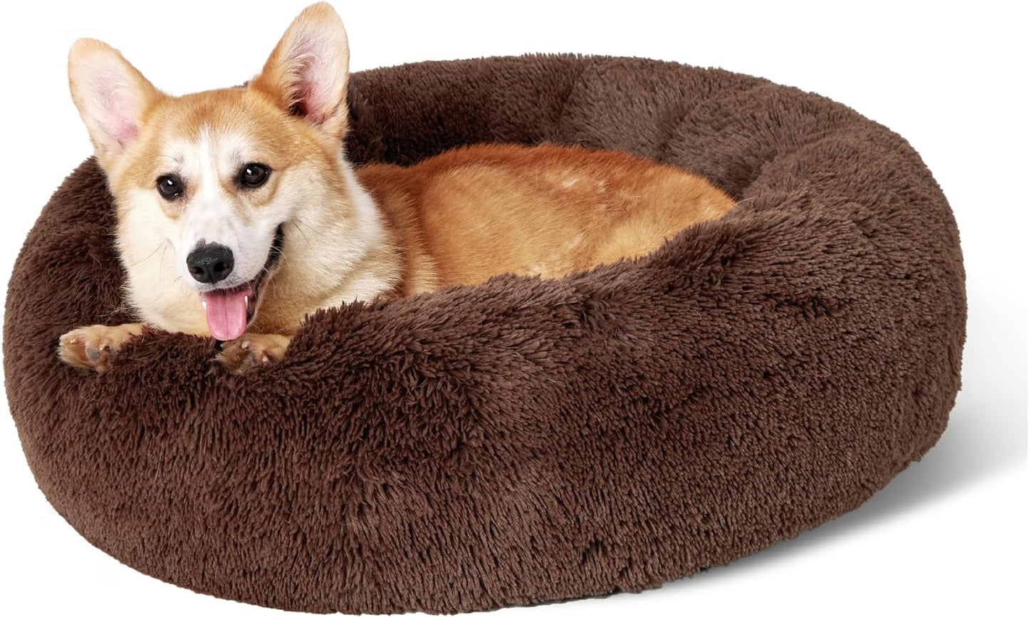 Bedsure Calming Dog Bed Medium Size Dog - Donut Washable Medium Pet Bed, 30 inches Anti-Slip Round Fluffy Plush Faux Fur Cat Bed, Fits up to 45 lbs Pets, Camel
