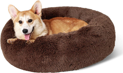 Bedsure Calming Dog Bed Medium Size Dog - Donut Washable Medium Pet Bed, 30 inches Anti-Slip Round Fluffy Plush Faux Fur Cat Bed, Fits up to 45 lbs Pets, Camel