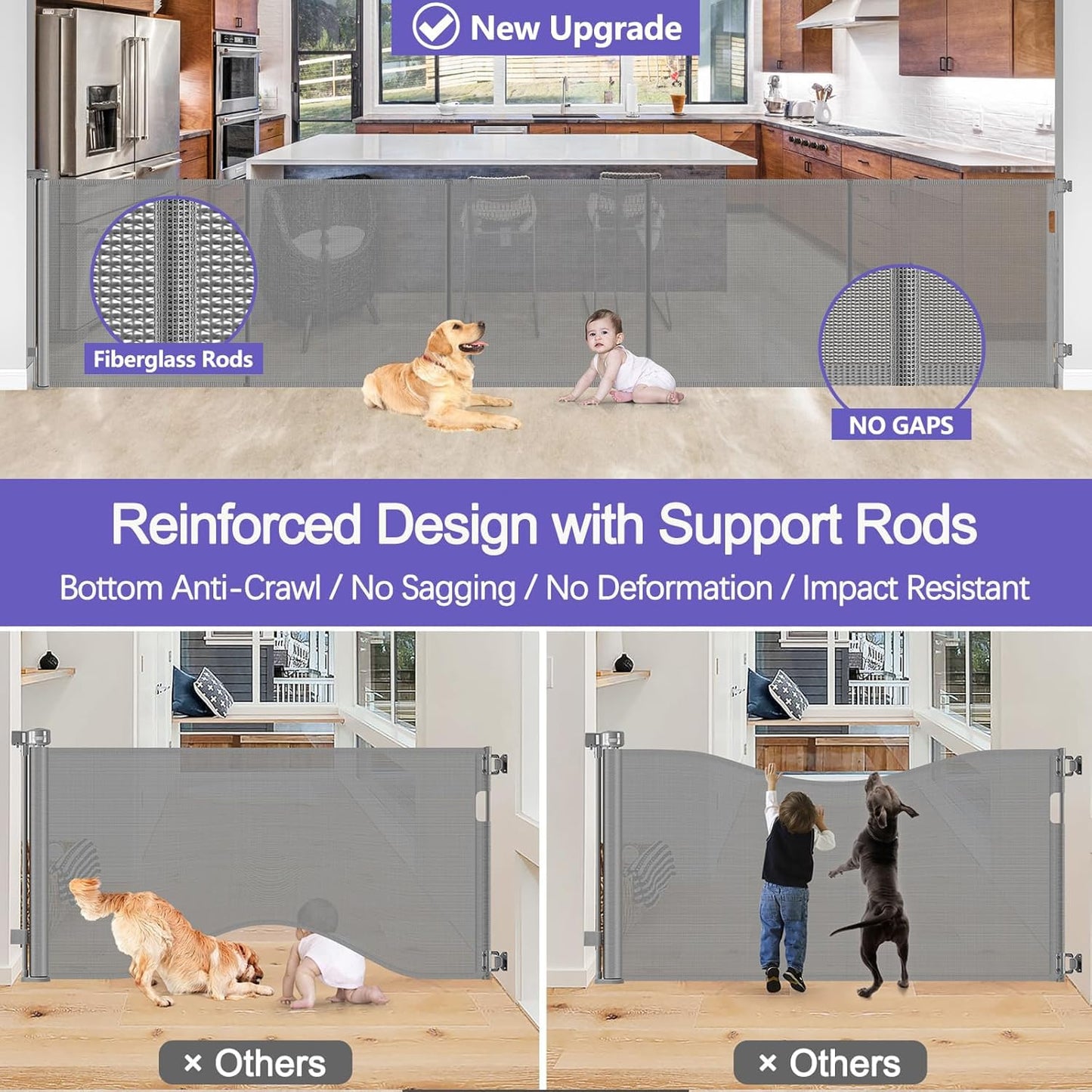 Reinforced 42" Tall Retractable Dog Gate, 155" Extra Long Retractable Baby Gate with Support Rods - Prevent Crawling Under, Indoor/Outdoor Retractable Gate Extra Tall Baby Gate Retractable Fence/Black