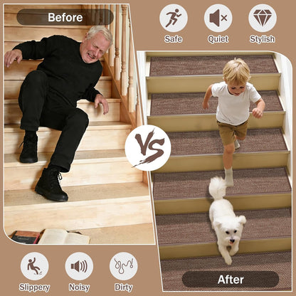 Natural Linen Non Slip Stair Treads, 15 Pack 8" X 30" Carpet Stair Treads with Reusable TPE Adhesive Backing, Non Slip Stair Runner Indoor for Kids Elders and Pets, Machine Washable, Brown Weave