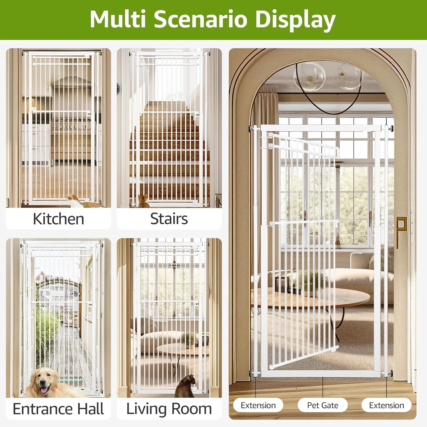 78.8" Extra Tall Cat Gate, 28.3-33" Wide Safety Metal Cat Door, Pressure Mounted Easy Walk Through Pet Gate with Door for Stairs, Doorways, Black