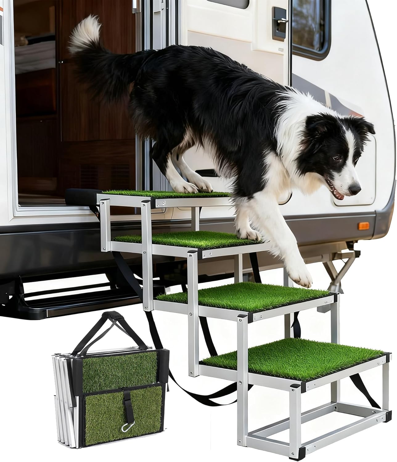 Foldable Dog Stairs for Cars, 4 Steps Wide Dog Ramp for Large Dogs with Non-Slip Surface, Lightweight Aluminum Foldable Steps for High Beds, Cars, SUVs, Trucks, Supports up to 250 lbs