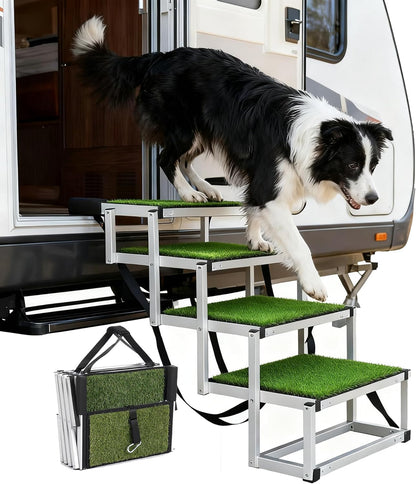 Foldable Dog Stairs for Cars, 4 Steps Wide Dog Ramp for Large Dogs with Non-Slip Surface, Lightweight Aluminum Foldable Steps for High Beds, Cars, SUVs, Trucks, Supports up to 250 lbs