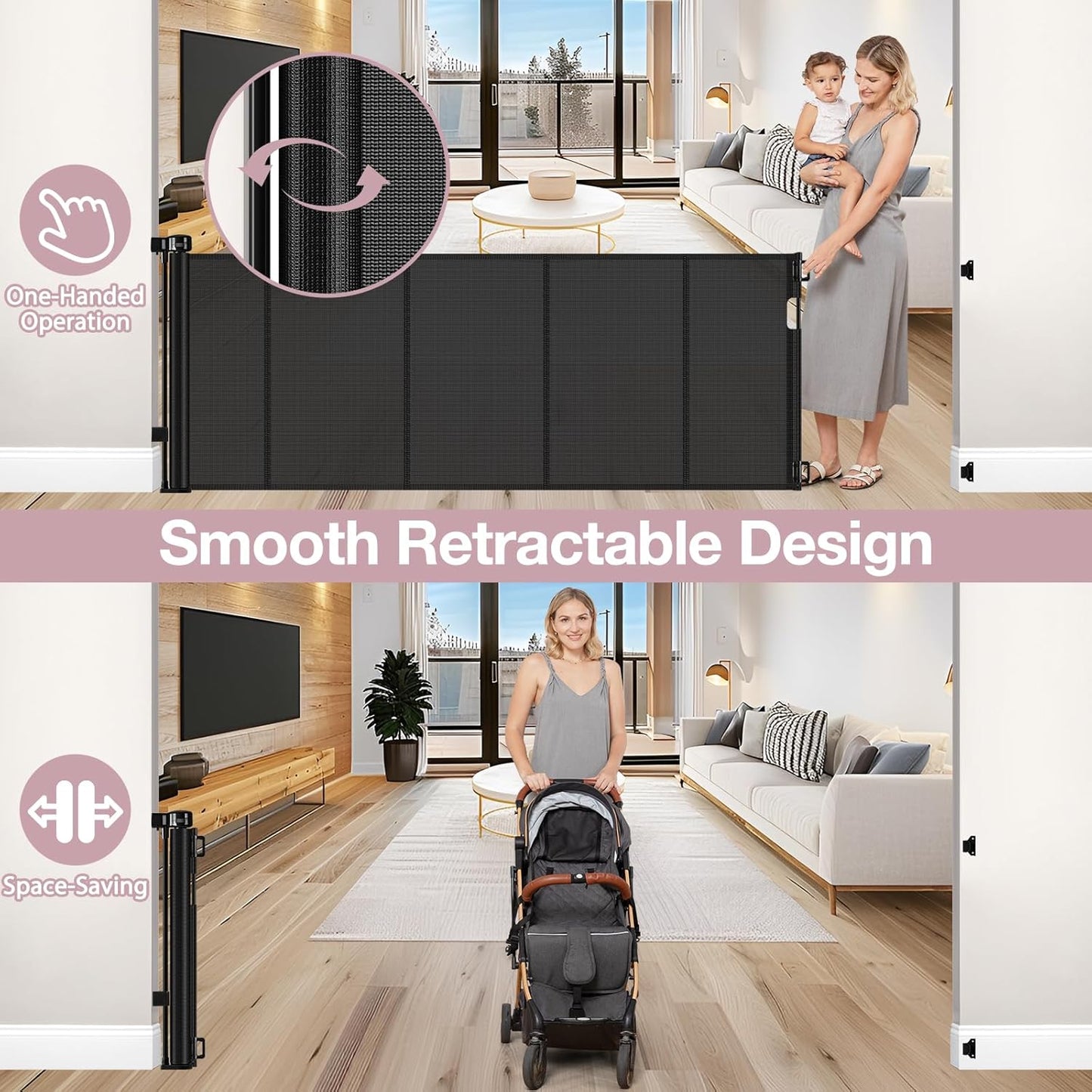 Reinforced 56" Wide Retractable Baby Gates for Doorways with Support Rods - Prevent Crawling Under Retractable Gate, Mesh Pet Gate for Stairs Retractable Dog Gates for The House Indoor/Outdoor, Black
