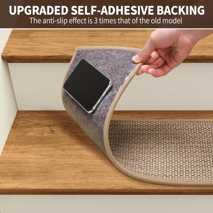 GROWLING Linen Stair Treads for Wooden Steps Indoor 30x8 inch, 15pcs Upgraded Self Adhesive Backing Non Slip Stair Carpets, Peel and Stick Stair Runner Rugs, Reusable Staircase Step Treads(Brown)
