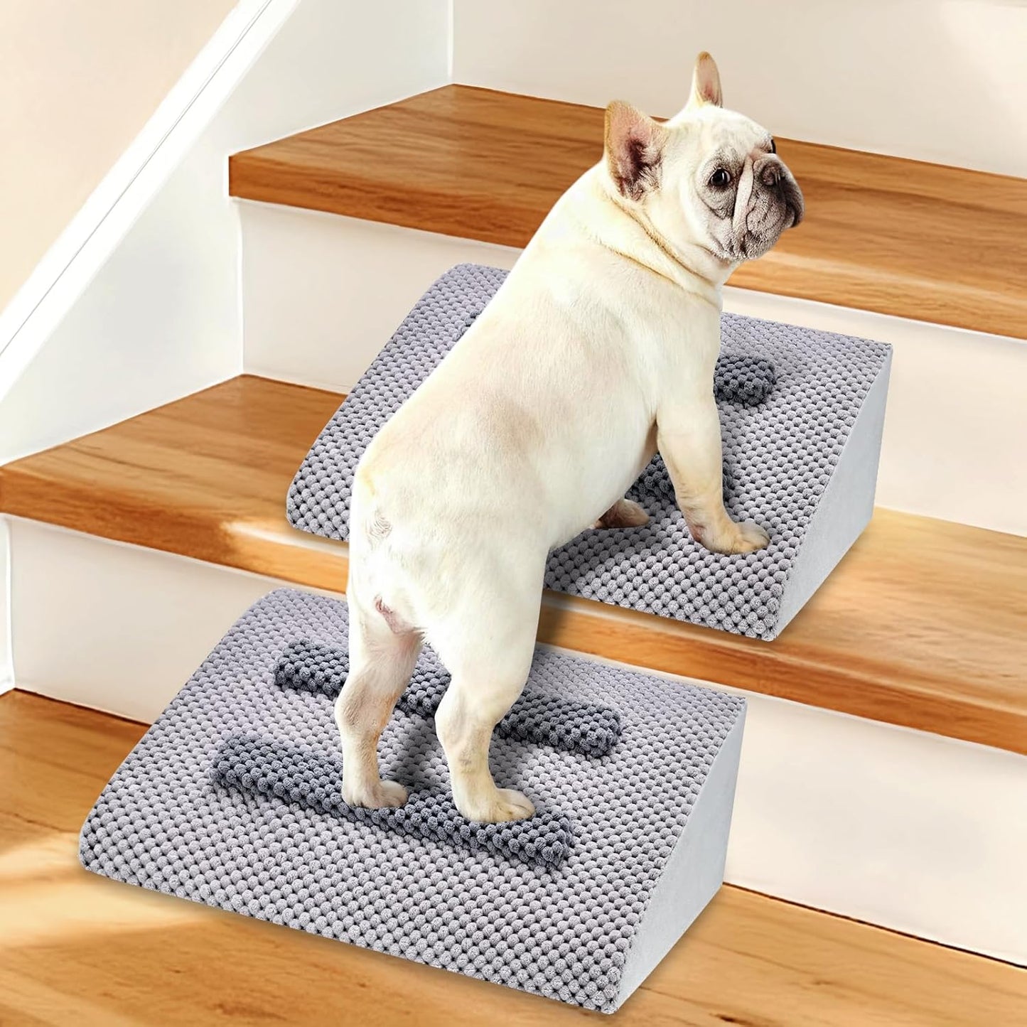 Dog Ramp for Stairs with Anti-Slip Bump for Small & Senior Dogs and Cats – Stair Wedges for Dogs with Gentle Slope, Pet Ramp with Washable Cover & Self-Sticky Pads for Safe Climbing (Gray, 6 Pack)