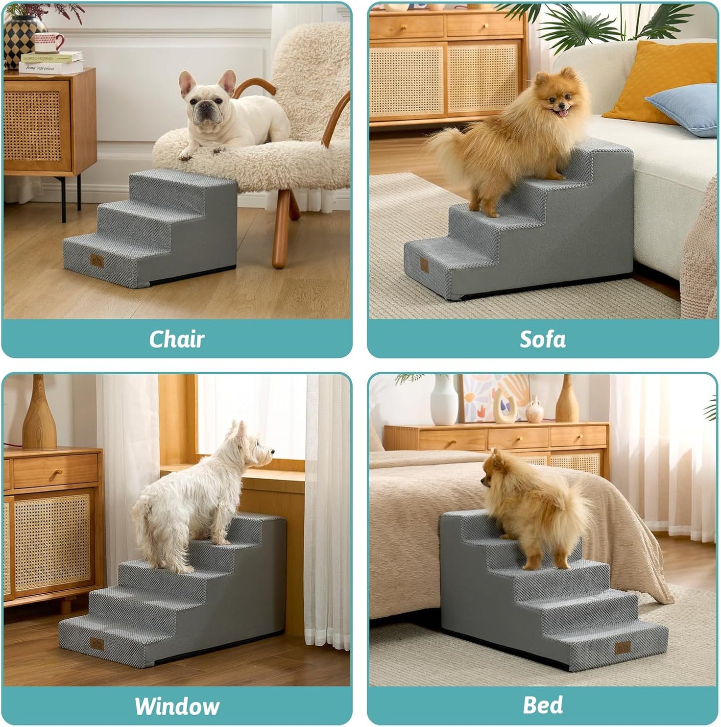 COZY KISS Dog Stairs for Small Dogs, 4 Tier Wider Pet Stairs for Couch and Beds, 17.7" H Non-Slip Dog Steps for Old Cats, Puppy, Small Medium Dogs, 17.7x23.6x17.7 inch, Beige