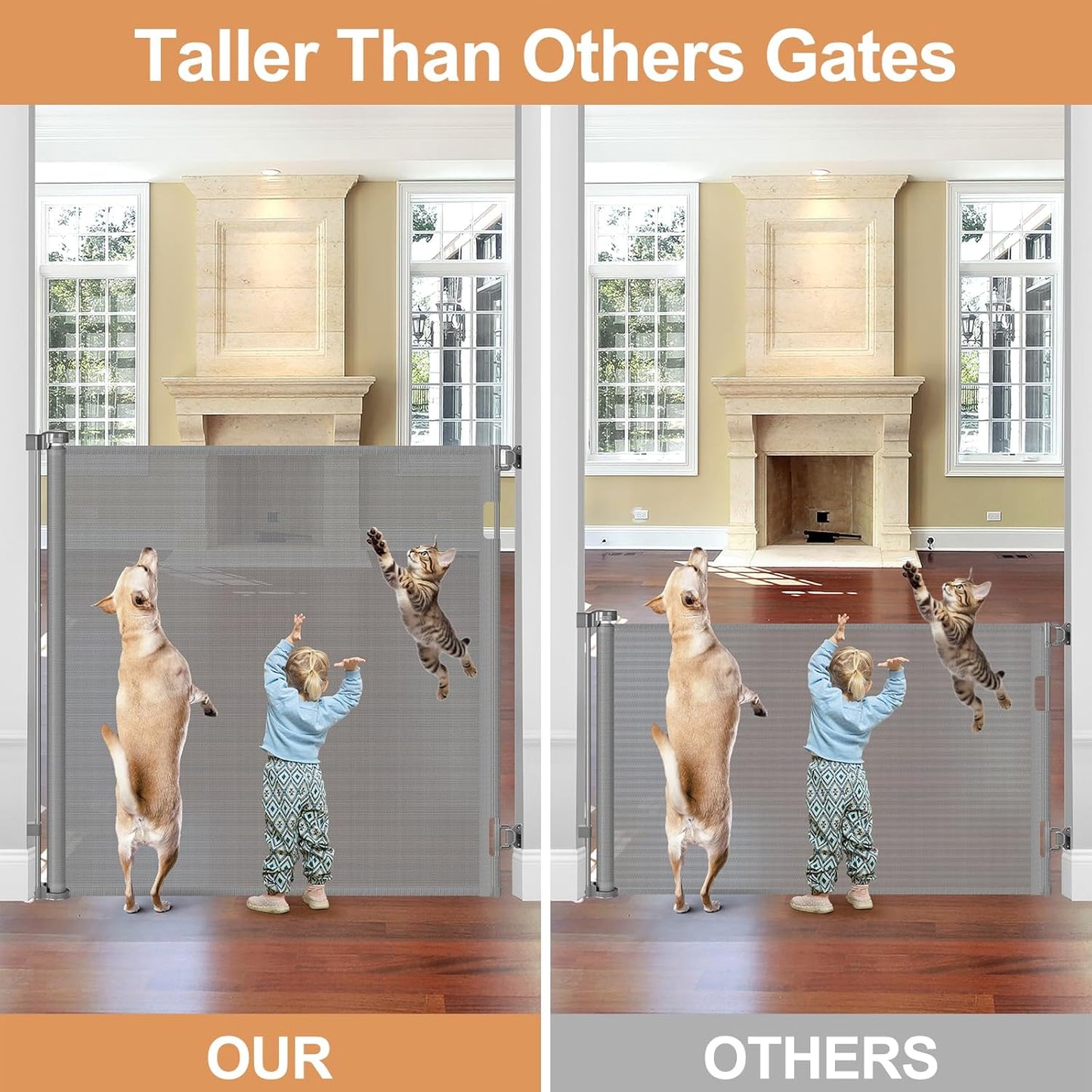 48" Extra Tall Retractable Dog Gate Indoor Prevent Your Baby/Dog/Cat from Jumping Over 55" Wide Extra Tall Retractable Baby Gate for Doorway Mesh Gates for Kids or Pets Puppy Gates for the House, Gray