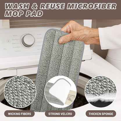 HOMTOYOU Spray Mops for Floor Cleaning: Wet Mop for Hardwood Tile Wood Laminate Vinyl - 3 Washable Microfiber Pads for Swiffer Powermop - Absorbs Pet Hair Dust