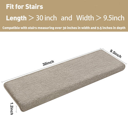PURE ERA Carpet Stair Treads Ultra Plush 9.5" X 30"Soft Bullnose Indoor Stair Protectors Pet-Friendly Non-Slip Skid Resistant Tape Free Washable Reusable(14 Pieces, Cream Gray)