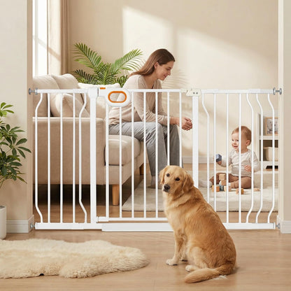 Baby Gates Extra Wide for Large Opennings with Door Pressure Mounted 90.6-95.2 Inch Extra Wide Baby Gate Dog gate for Doorways Indoor Metal Gate No Drilling with Walk-Through Door,White