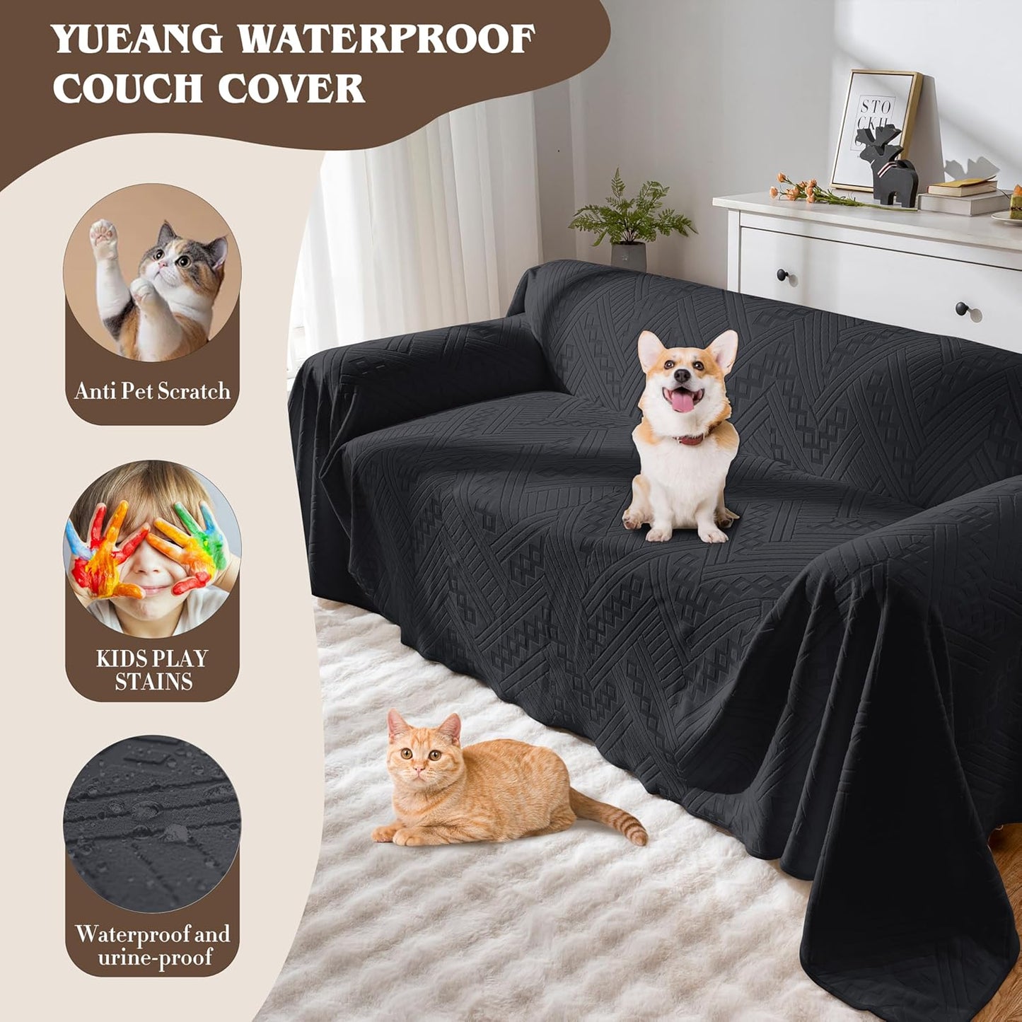 Waterproof Couch Cover, Reversible, Pet-Friendly, Washable and Anti-Slip Couch Covers for Sofa Protection with 3 Cushions, Sofa Slipcovers for Dogs and Cats (71×118in/Brown)