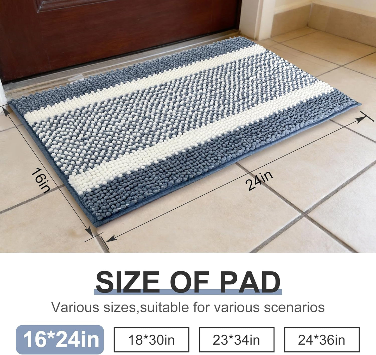pobopobo Dog Door Mat for Muddy Paws - Absorbent & Washable Chenille Rug, Non-Slip Dirt Trapper for Indoor Outdoor Entryway, Quick Dry Pet Mat for Muddy Dogs (Striped Gray-Blue&White, 24" x 16")