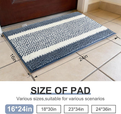 pobopobo Dog Door Mat for Muddy Paws - Absorbent & Washable Chenille Rug, Non-Slip Dirt Trapper for Indoor Outdoor Entryway, Quick Dry Pet Mat for Muddy Dogs (Striped Gray-Blue&White, 24" x 16")