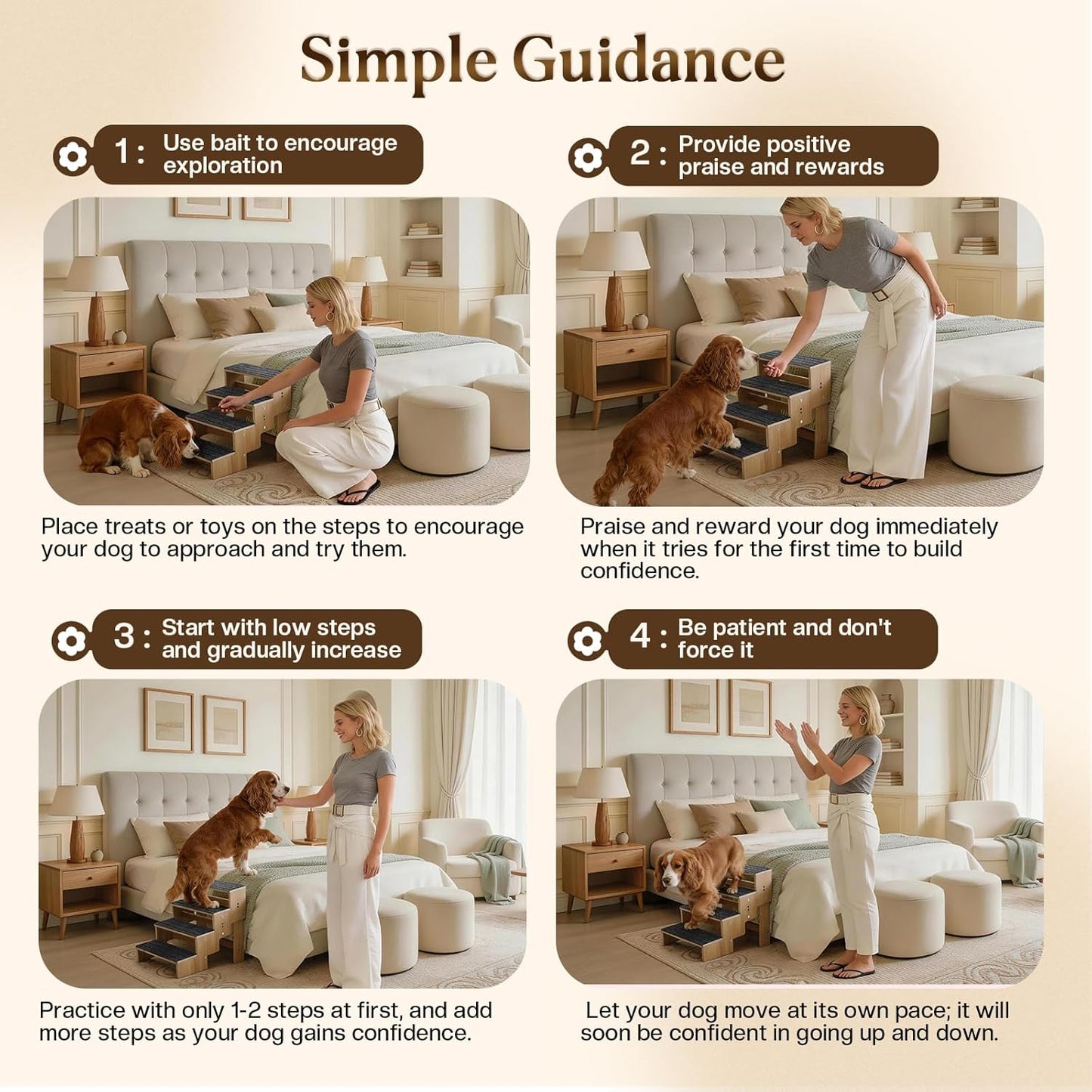 4-Step Wooden Dog Steps for Bed, Anti-Slip Dog Stairs with Carpet Pads, 23.6 Inches Pet Ramp for Dogs to Get on Bed, Pet Stairs for Old & Senior Dogs/Cats, Pet Steps Ladder for High Beds/Couch Sofa
