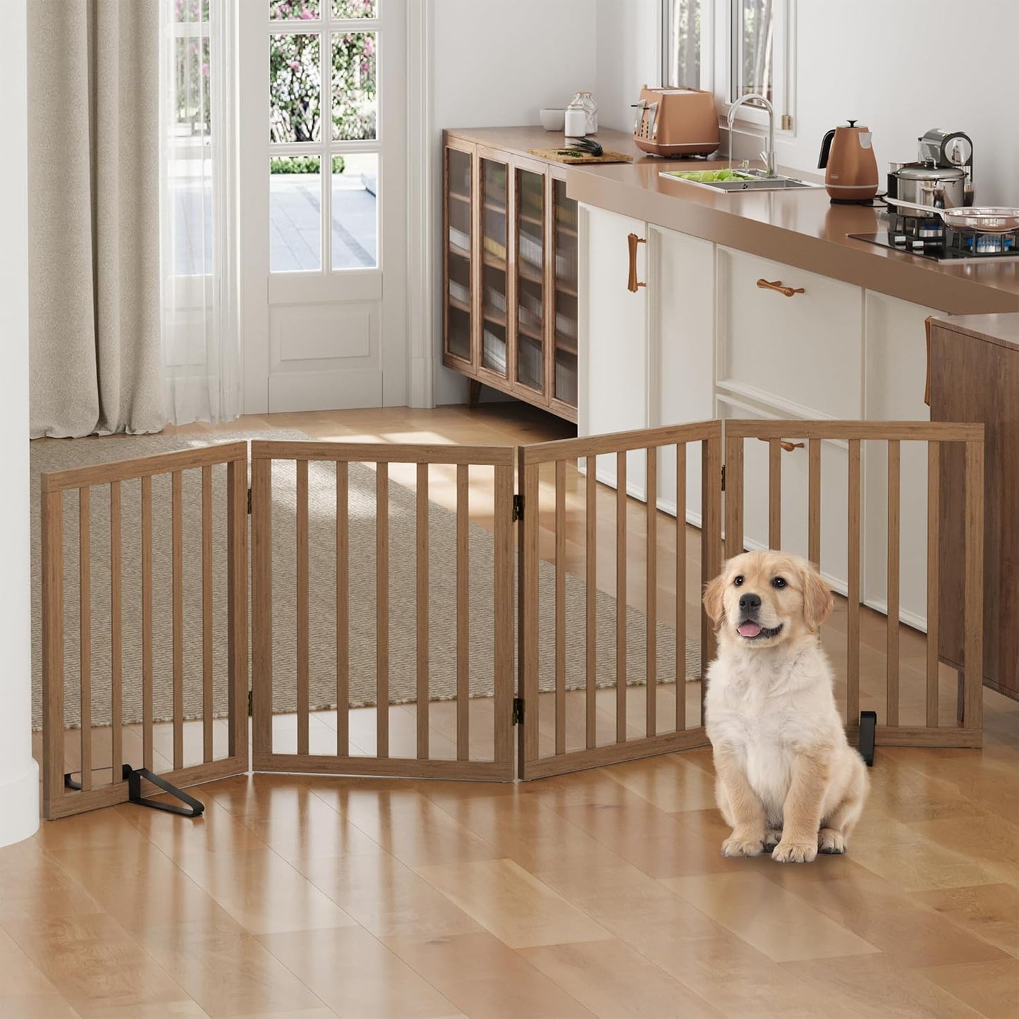 Freestanding Foldable Dog Gate - 4 Panel Room Divider with Metal Support Feet (Black)