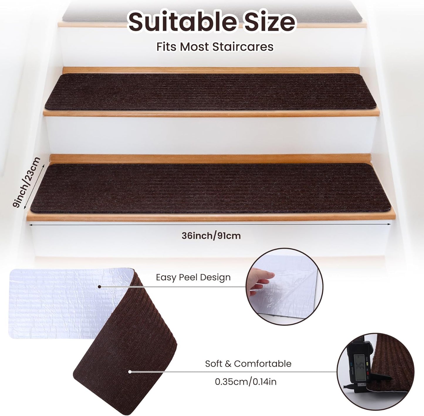 Extra Wide Non Slip Stair Treads for Wooden Steps – 15 Pack 9" x36'' Extra Wide Carpet Runners with Reusable Adhesive, Step Pads for Dogs, Kids, Seniors, Machine Washable – Geige
