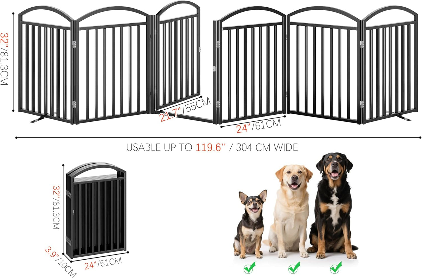 Folding No-Assembly Freestanding Dog Gate with Door,32" Heights Foldable Pet Fence,144" Extra Wide Accordion Puppy Folding Playpen for Doorways,House,Stairs (6 Panels,White)
