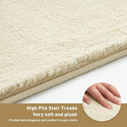 PURE ERA Carpet Stair Treads Ultra Plush 9.5" X 30"Soft Bullnose Indoor Stair Protectors Pet-Friendly Non-Slip Skid Resistant Tape Free Washable Reusable(14 Pieces, Cream Gray)