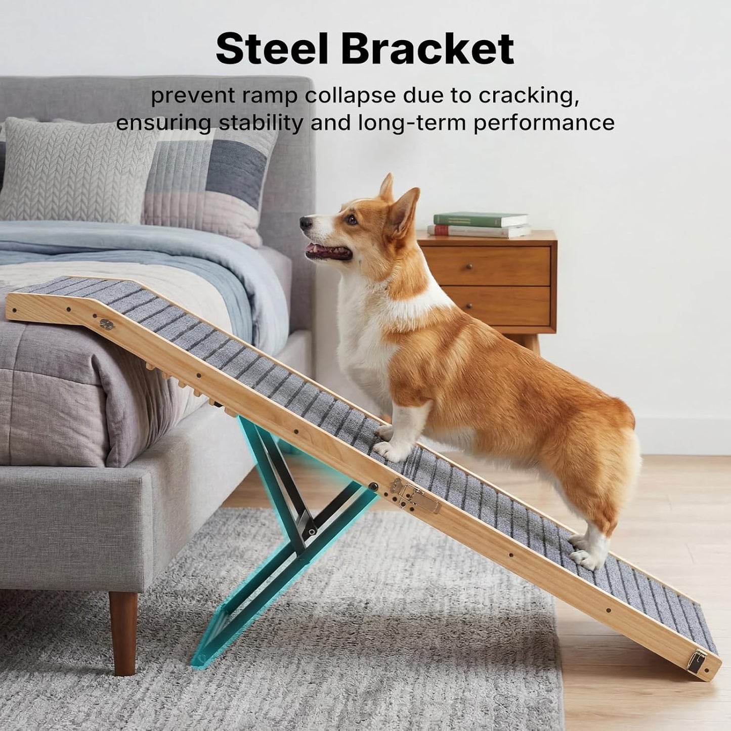 Veehoo Folding Dog Ramp for Bed Couch, 65" Long Stairs for Dogs to Get on High Bed with Platform and 5 Adjustable Height 20" to 31“, Wooden Senior Dog Ramp Steps for Small to Large Dogs, up to 220lbs