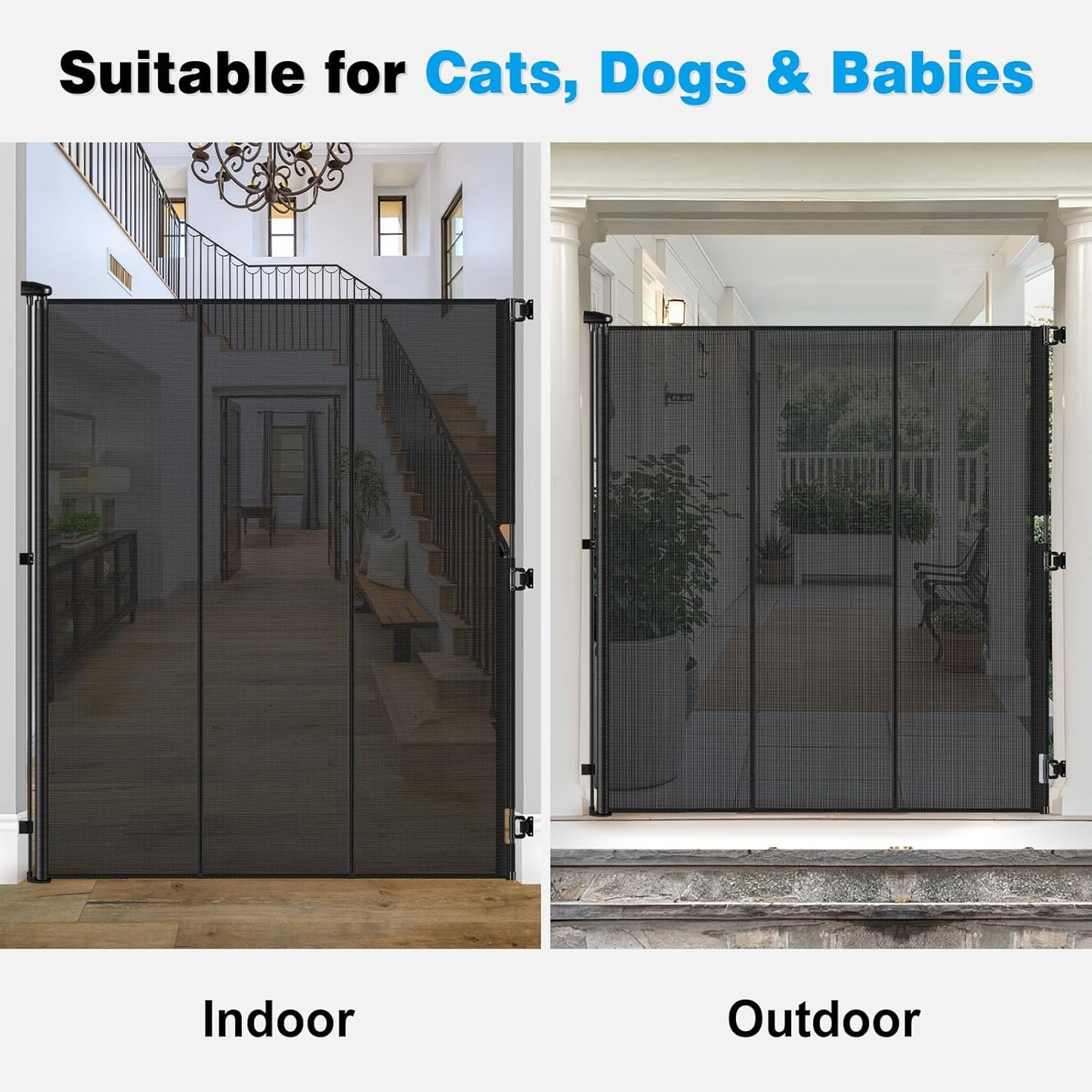 Reinforced 72" Extra Tall Pet Gate for Cat, Dog, Puppy & Baby, Jump-Resistant & Prevent Crawling Underneath Retractable Baby Gates, Fits 0-55" Width Safety Mesh Dog Gate, 6 Foot Extra Tall Cat Gate