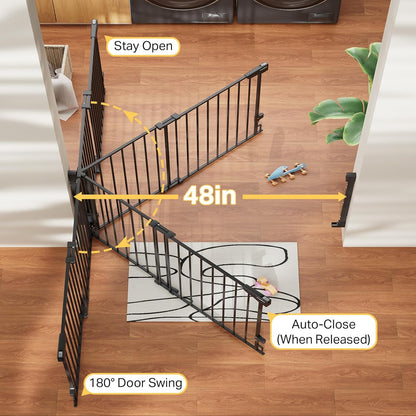 Cumbor 29.2–43" Baby Gate for Stairs, Hardware Mounted (Drill Required), Expandable No Bottom Bar Dog Gate, Auto Close Extra Wide Walk Thru, Pet & Toddler Proof Gate, Top & Bottom of Stairways(Black)