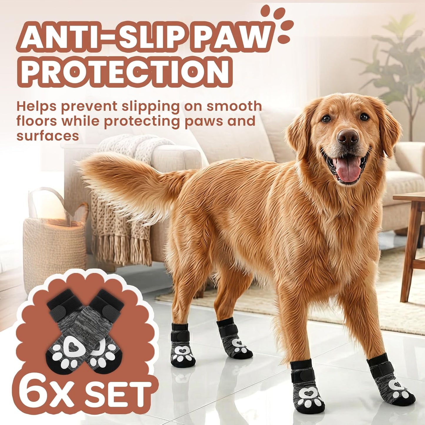 Anti Slip Dog Socks - 6 Pack | Dog Socks to Prevent Paw Licking, Add Traction, Keep Warm & Protect from Hot Pavement | Paw Protection for Senior Dogs for Hardwood Floors | Dog Booties - XL
