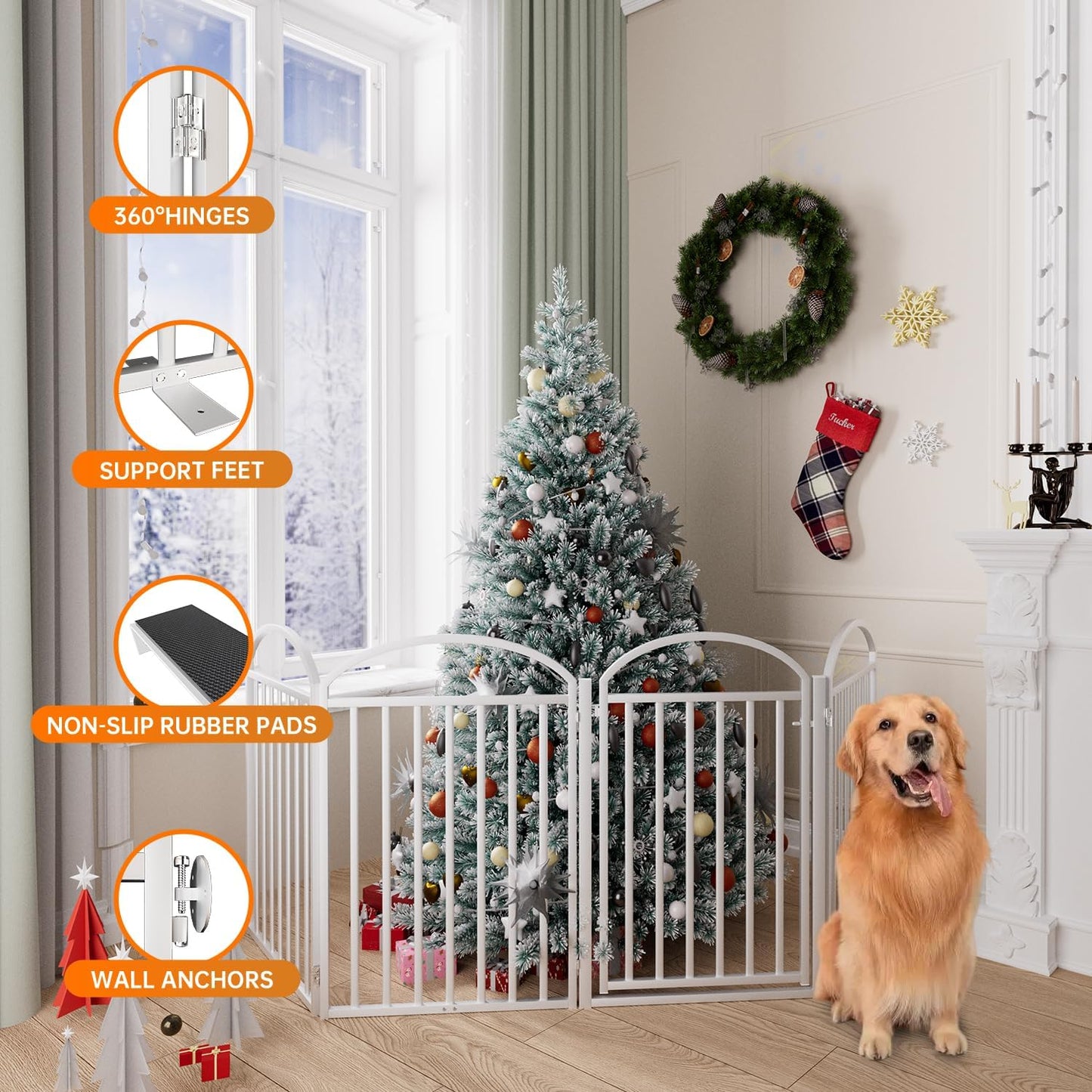 SNUOWU 4 Panels Full Matel Freestanding Dog Gates with Door, 96"Extra Wide 32"Tall Free Standing Dog Pet Gate for Indoor & Outdoor. Foldable Pet Fences for Doorways, House, Stairs, Porch, Deck, Yard