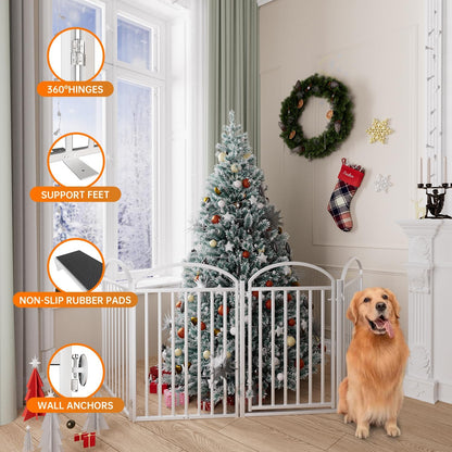 SNUOWU 4 Panels Full Matel Freestanding Dog Gates with Door, 96"Extra Wide 32"Tall Free Standing Dog Pet Gate for Indoor & Outdoor. Foldable Pet Fences for Doorways, House, Stairs, Porch, Deck, Yard