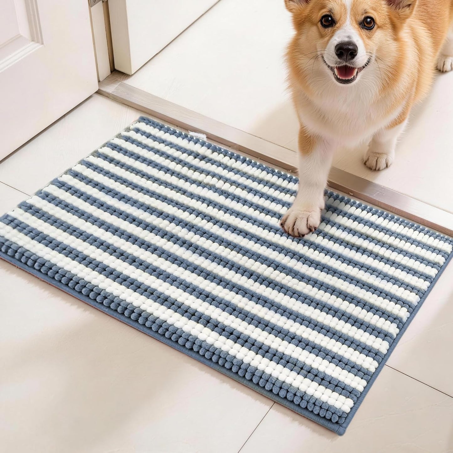 pobopobo Dog Door Mat for Muddy Paws - Absorbent & Washable Chenille Rug, Non-Slip Dirt Trapper for Indoor Outdoor Entryway, Quick Dry Pet Mat for Muddy Dogs (Striped Gray-Blue&White, 24" x 16")