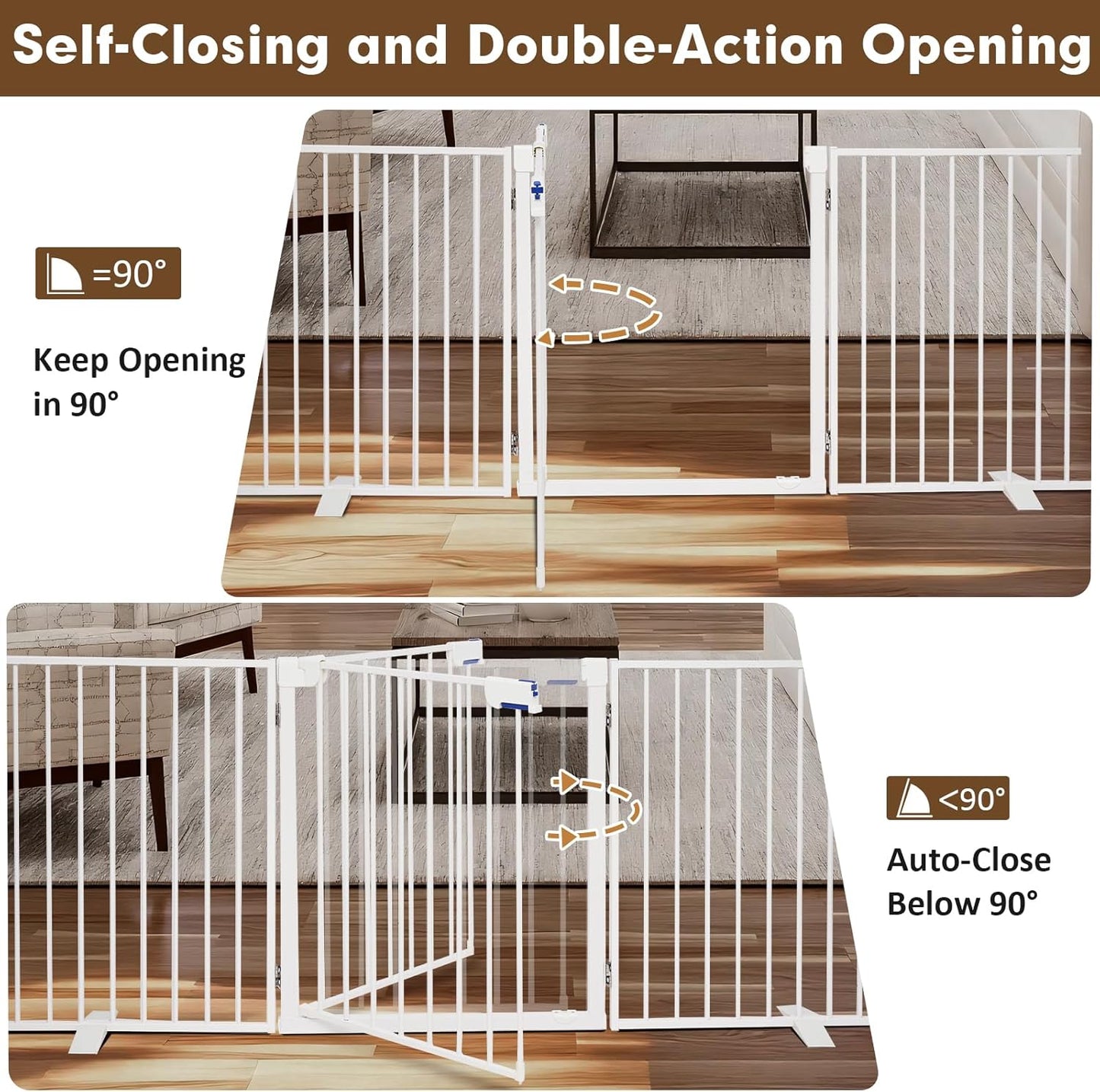 104" Extra Wide Dog Gate, Heavy Duty Metal Freestanding Dog Gate with Door for Indoor & Outdoor, Foldable Pet Fence for Doorways,House,Porch,Deck,Yard,Stairs, Auto Close(4 Panels,Black)
