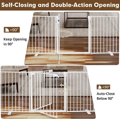 104" Extra Wide Dog Gate, Heavy Duty Metal Freestanding Dog Gate with Door for Indoor & Outdoor, Foldable Pet Fence for Doorways,House,Porch,Deck,Yard,Stairs, Auto Close(4 Panels,Black)