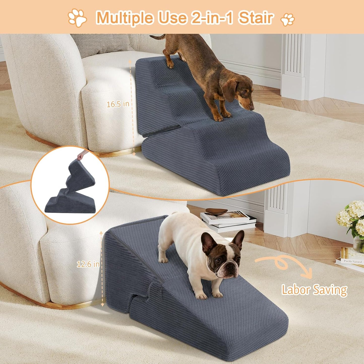 Dog Ramp for Bed, 23" H Dog Stairs for High Bed, 2 in 1 Pet Steps for Small Dogs, 5-Step Foldable Transformable Large Cats Ramp to Get on Couch, Non-Slip Balanced, Grey