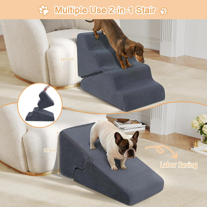 Dog Ramp for Bed, 23" H Dog Stairs for High Bed, 2 in 1 Pet Steps for Small Dogs, 5-Step Foldable Transformable Large Cats Ramp to Get on Couch, Non-Slip Balanced, Grey