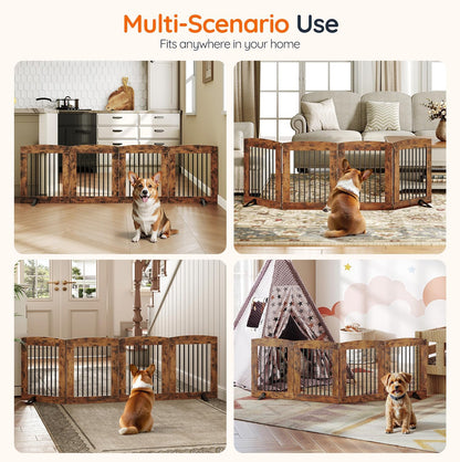 HOOBRO Indoor Dog Gate with Support Feet, Freestanding Pet Gate for Doorway, Stairs, 31.5 Inch 3 Panels, Folding Dog Fence, 360° Hinge for Easy Access, Sturdy Iron Pipe, Rustic Brown BF06PP03