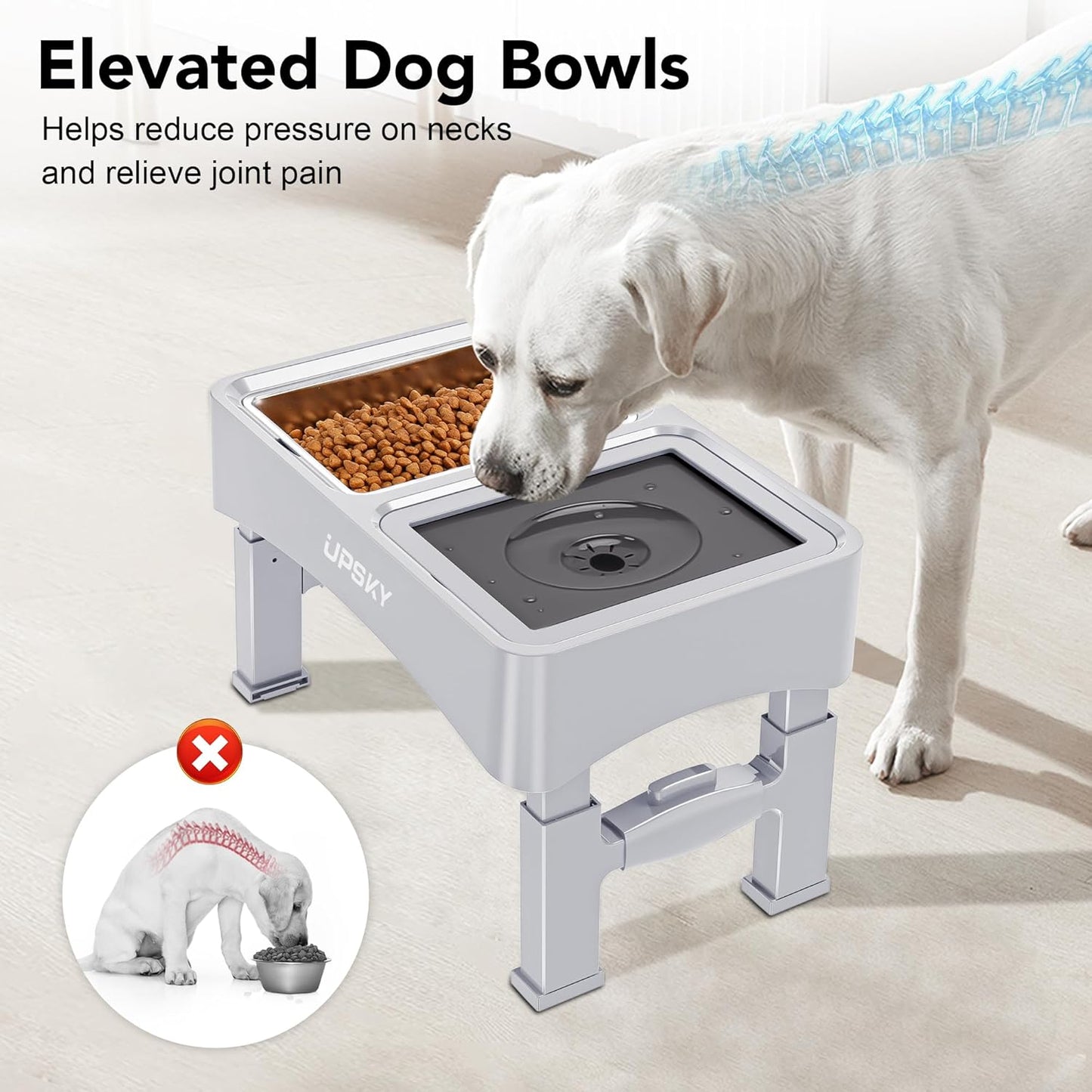 UPSKY 2-in-1 Elevated Dog Bowls Slow Feeder, 4 Height Adjustable Raised Bowl Stand, No Spill Dog Water Bowls, Anti-Slip Food and Water Bowls for Small Medium Dogs(Not Include Stainless Steel Bowl)