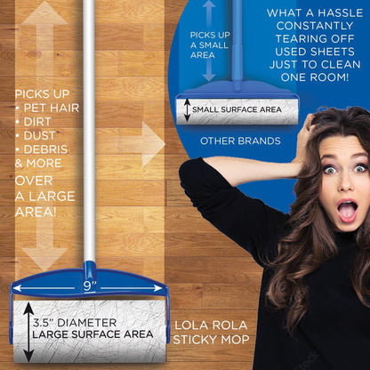 LOLA Rola PET Hair Remover Sticky Mop, Giant Floor Lint Roller, 9" x 3.5", Aluminum Handle, Largest Head, Traps Hair, Dust, Dirt, Extra Sticky Sheets