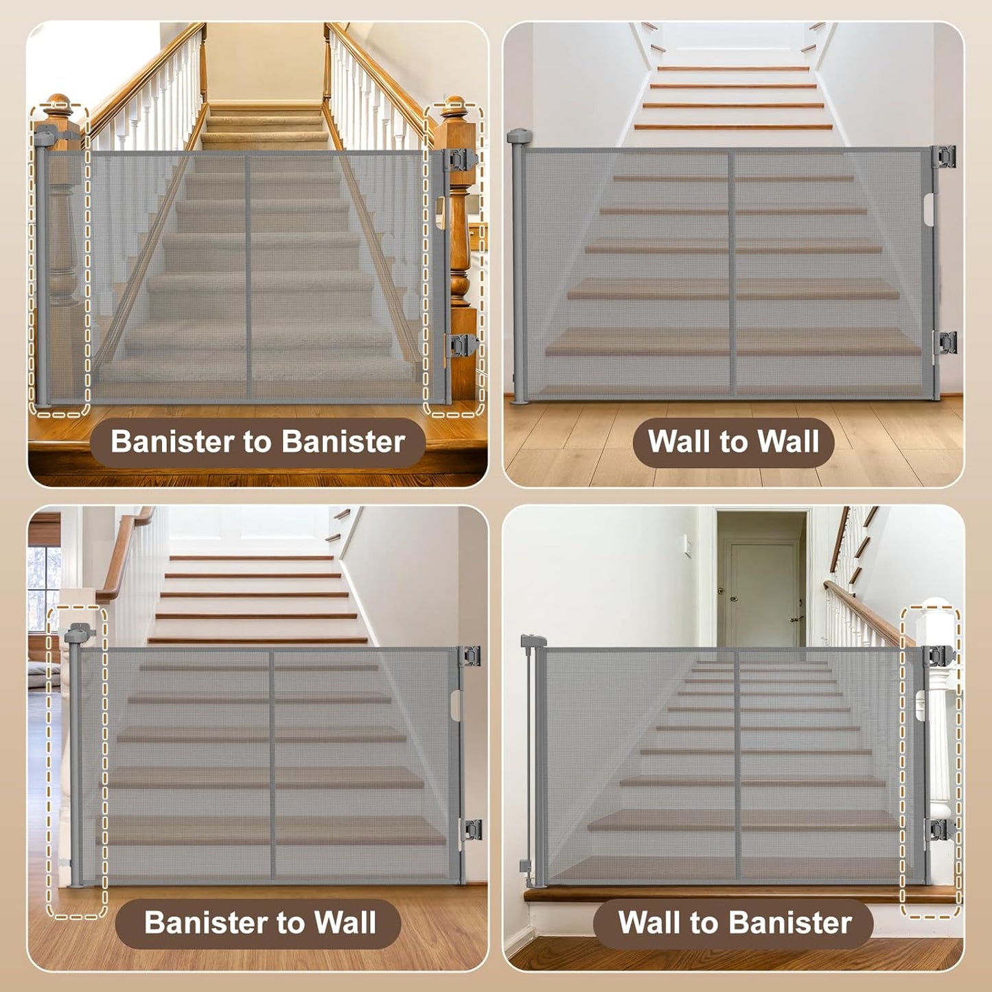 Upgraded Retractable Baby Gates for Stairs & Banister, Mesh Dog Gate Indoor, Extends to 55" Wide 33" Tall, Child Safety Gate for Stairway, Banister & Wall Mount (Gray)