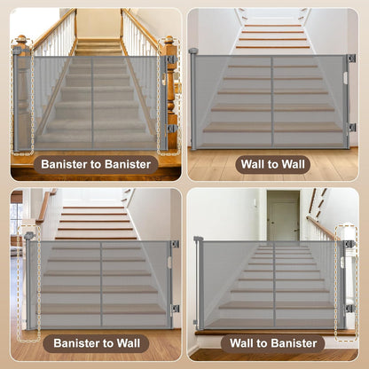 Upgraded Retractable Baby Gates for Stairs & Banister, Mesh Dog Gate Indoor, Extends to 55" Wide 33" Tall, Child Safety Gate for Stairway, Banister & Wall Mount (Gray)