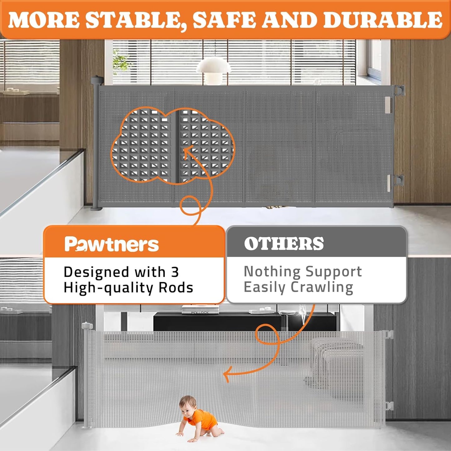 Pawtners Retractable Baby Gates Extra Wide, 41" Tall Extends up to 71" Wide, Dog Gate Indoor for Stairs, Pet Gate with Support Rods for Doorways Hallways Indoor & Outdoor-Black