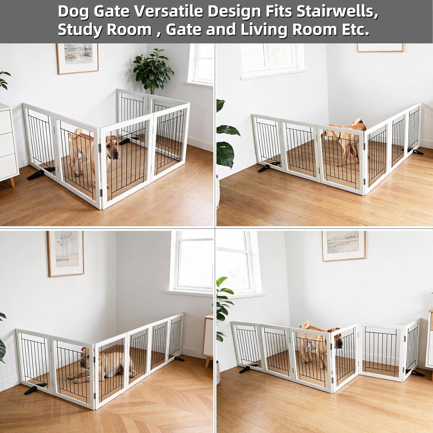 ZJSF Freestanding Dog Gate Indoor, Foldable Dog Fence for Doorways,Hallways or Stairs, Sturdy Wood Extra Wide Pet Gate with Support Feet,Black,24 "Height-3 Panels
