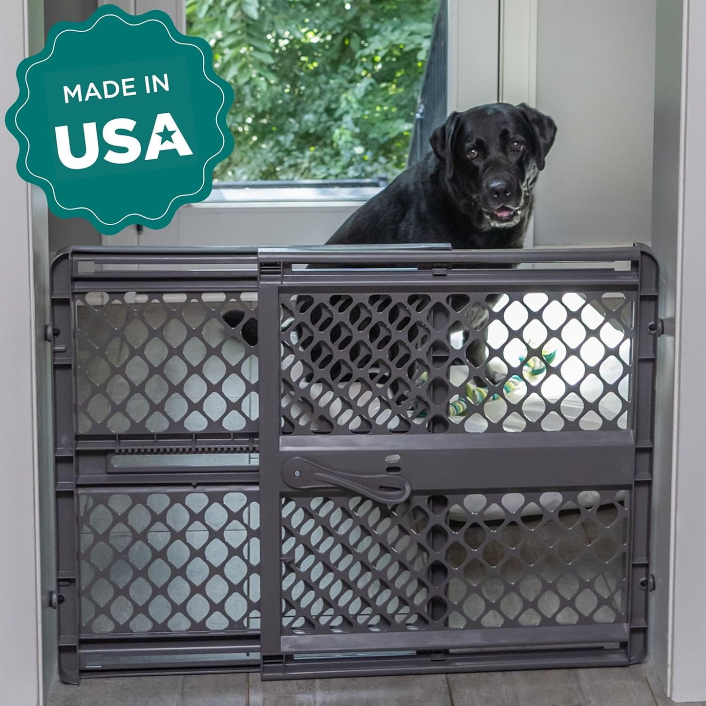 MYPET Essential Petgate: 26-42" Wide Expandable, Pressure Mounted No Tools Needed, Durable Dog Gate for Doorways, Made in USA, 26" Tall, Fieldstone Gray