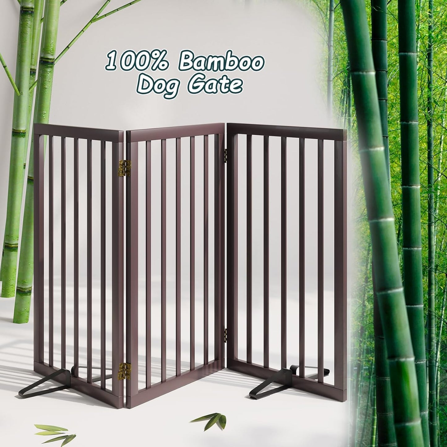 Freestanding Dog Gates Indoor, 3-Panel Pet Gates with 2 Metal Stands and 360° Hinge, 24" H Foldable Dog Gate for Stairs, Doorway, Kitchen, Expands Up to 55" Fully Assembled - Black Walnut