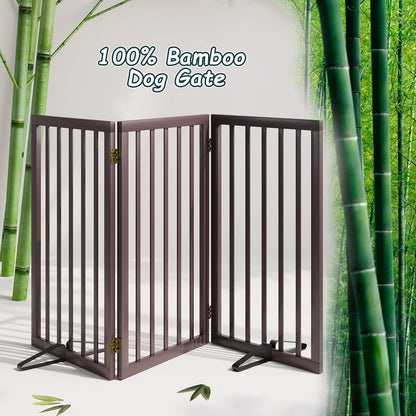 Freestanding Dog Gates Indoor, 3-Panel Pet Gates with 2 Metal Stands and 360° Hinge, 24" H Foldable Dog Gate for Stairs, Doorway, Kitchen, Expands Up to 55" Fully Assembled - Black Walnut