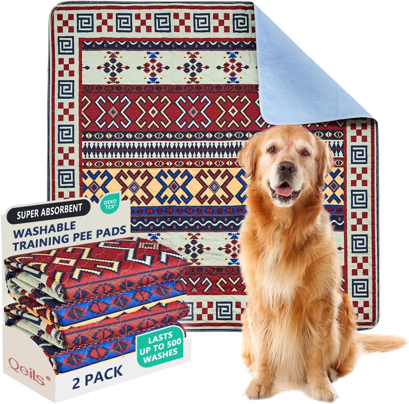 Qeils Washable Pee Pads, Reusable Puppy Pads Super Absorbent Leakproof Dog Training Pads, Non-Slip Wee Wee Pads for Crate, Floor, Potty Pads Feeding Mat Dog Pee 2 Pack 18"x30"